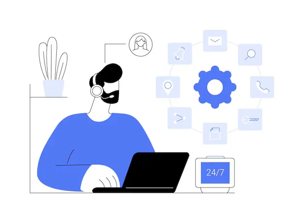 Illustration d'un homme devant son ordinateur, avec des icons flottants devant lui