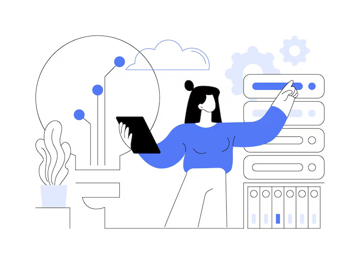 Illustration d'une femme en train de faire une présentation avec une tablette dans la main